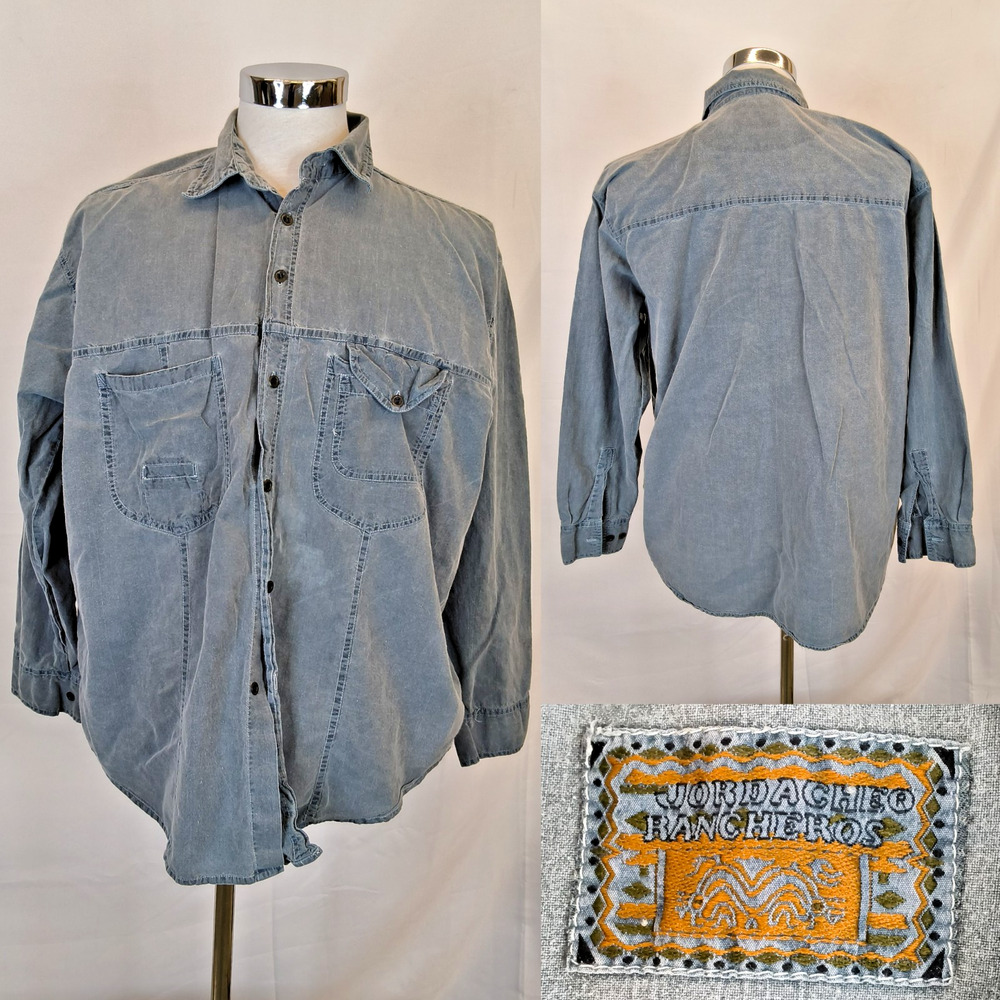 Jordache Rancheros Faded Blue/Gray Button Up Shirt Men's XL 100% Cotton #W5542